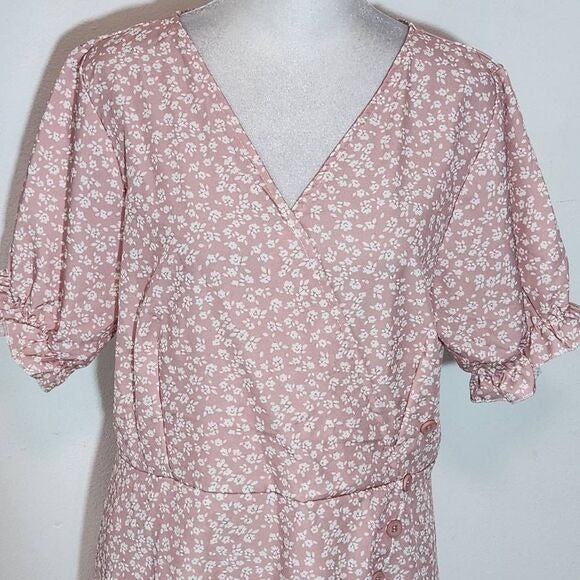 Pink and White Floral Wrap-Look Dress Size Medium Pink Wedding Guest Dress