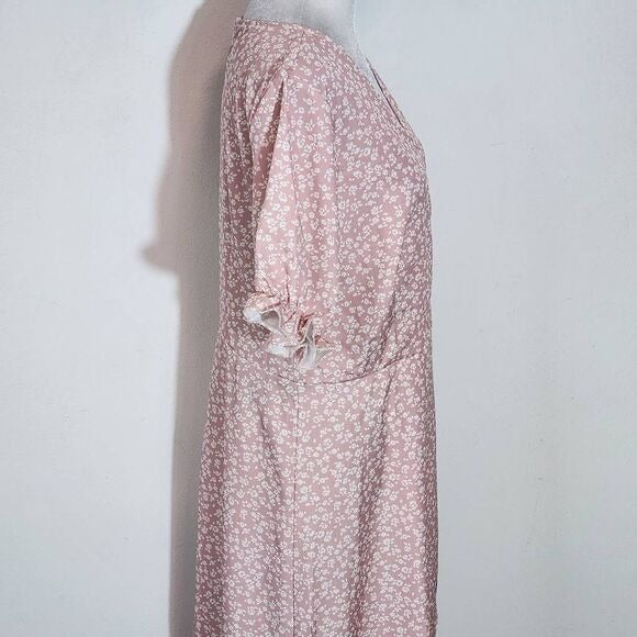 Pink and White Floral Wrap-Look Dress Size Medium Pink Wedding Guest Dress