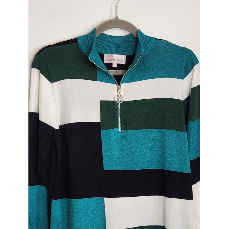 Carol Rose Green and Teal Quarter Zip Colorblock Sweater Size Large Flaw