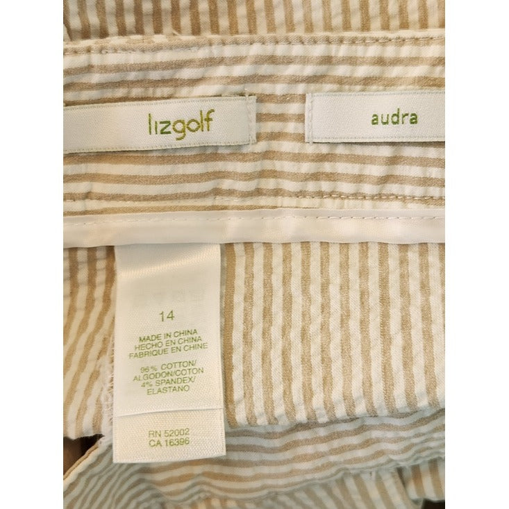 Liz Claiborne Tan and White Seersucker Stripe Audra Shorts Size 14