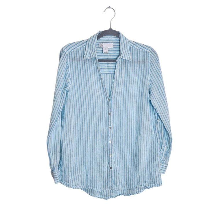 C&C California Blue Striped Linen Button Up Blouse Size Small