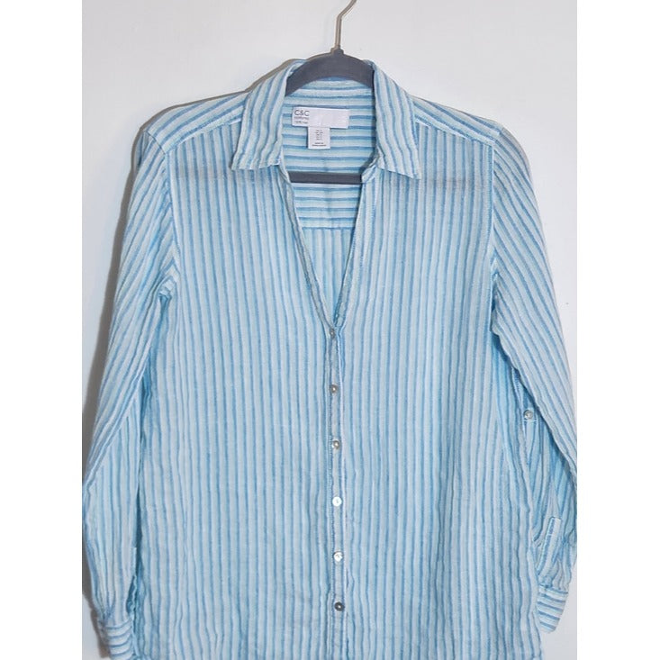 C&C California Blue Striped Linen Button Up Blouse Size Small
