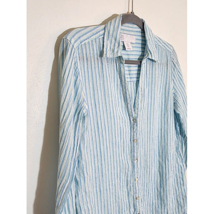 C&C California Blue Striped Linen Button Up Blouse Size Small