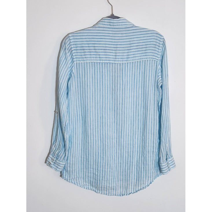 C&C California Blue Striped Linen Button Up Blouse Size Small