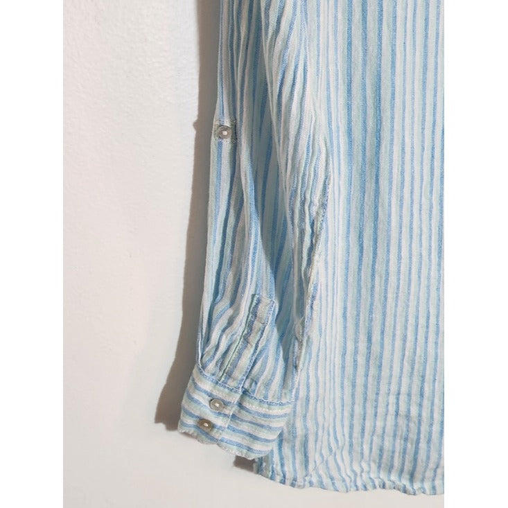 C&C California Blue Striped Linen Button Up Blouse Size Small