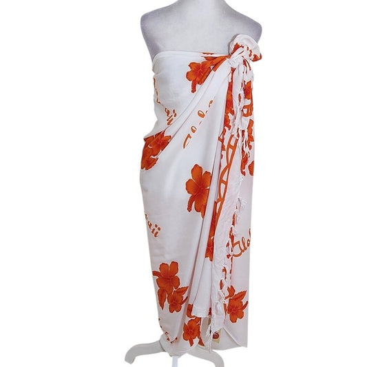 Favant White and Orange Hawaiian Floral Sarong NWT