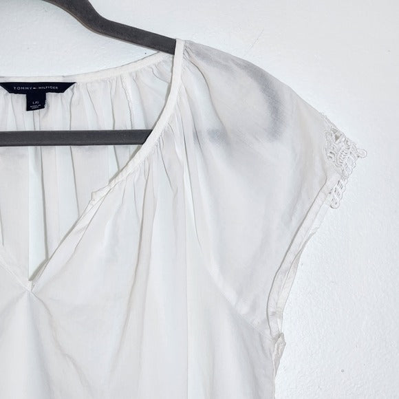 Tommy Hilfiger White V-Neck Crochet Lace Blouse Size Large