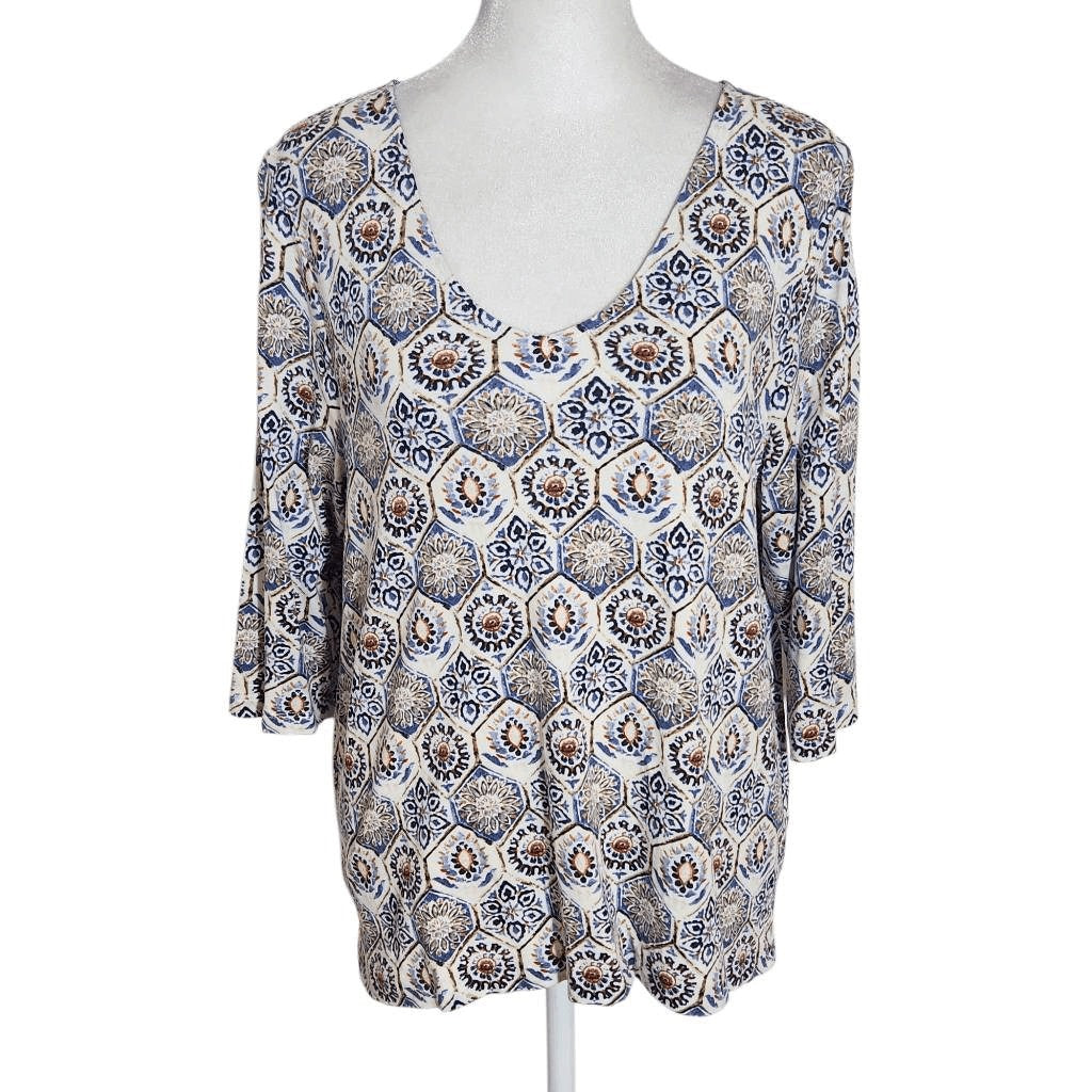 J. Jill Geometric Floral Print Tee Size Large Petite Blue and Red Print Top