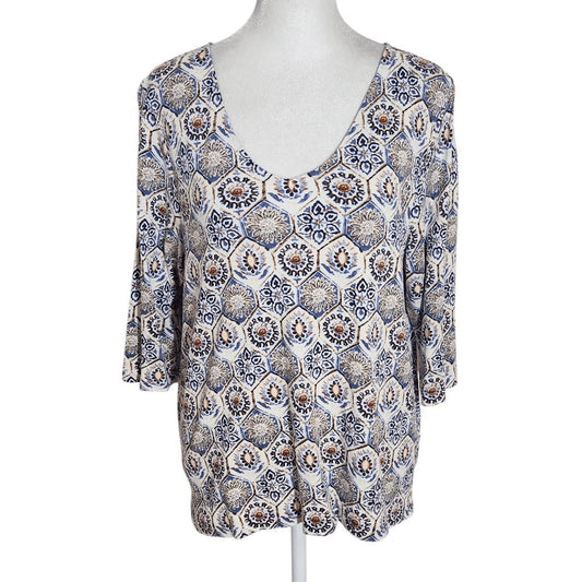 J. Jill Geometric Floral Print Tee Size Large Petite Blue and Red Print Top