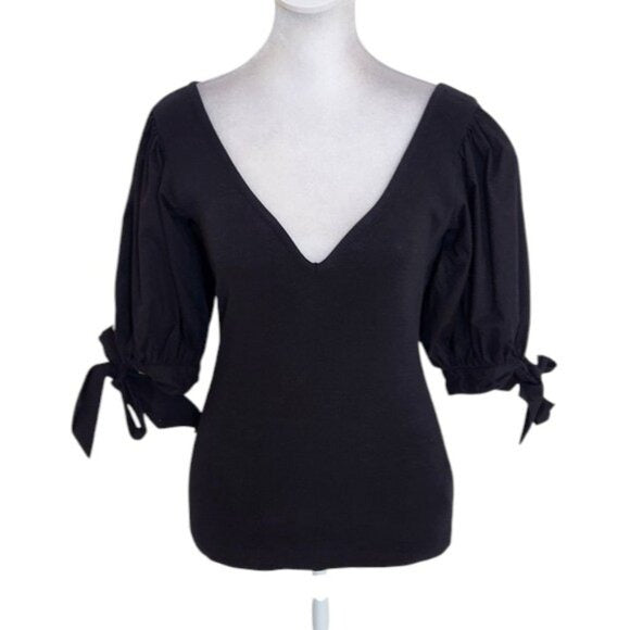 Maeve Black Ribbed Knit Top with Puffy Sleeves Size XS