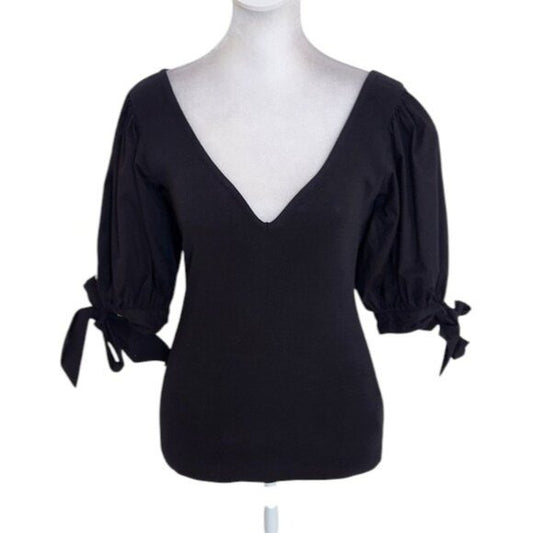Maeve Black Ribbed Knit Top with Puffy Sleeves Size XS