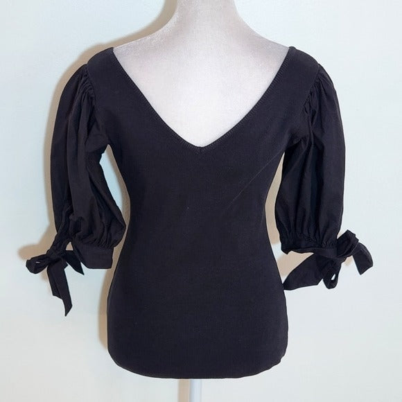 Maeve Black Ribbed Knit Top with Puffy Sleeves Size XS