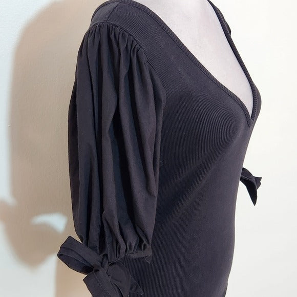 Maeve Black Ribbed Knit Top with Puffy Sleeves Size XS