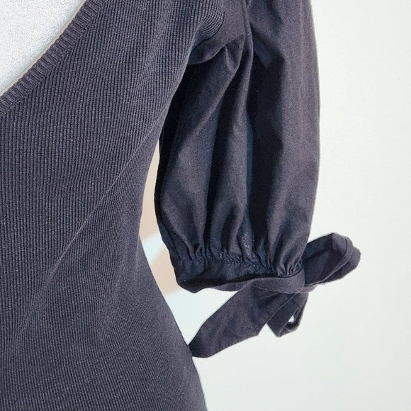 Maeve Black Ribbed Knit Top with Puffy Sleeves Size XS