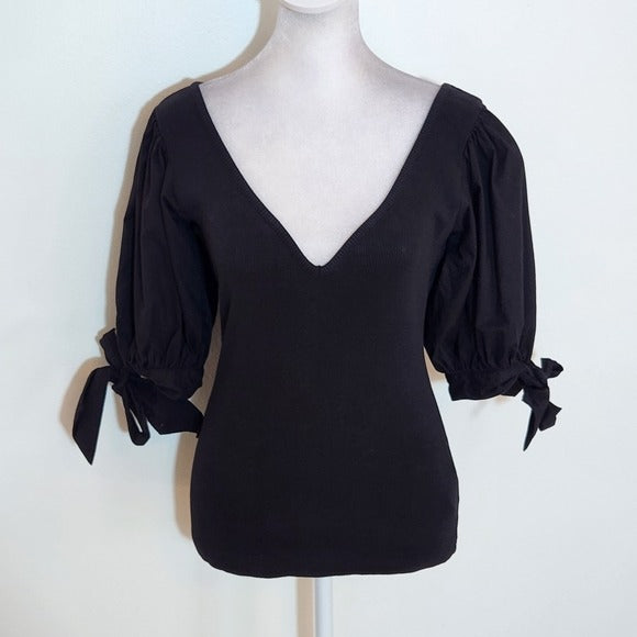 Maeve Black Ribbed Knit Top with Puffy Sleeves Size XS
