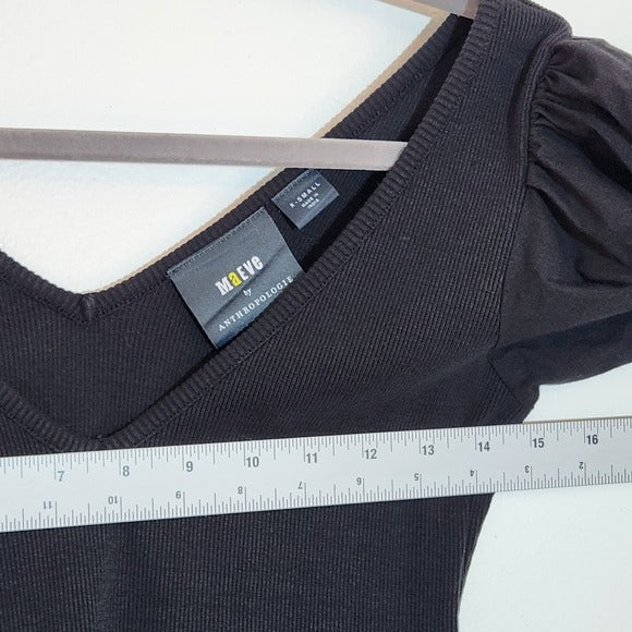 Maeve Black Ribbed Knit Top with Puffy Sleeves Size XS