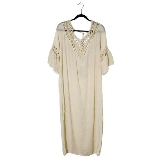 Cream Crochet Beach Cover-up with Backless Style and Colorful Pom Poms One Size