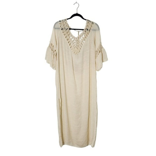 Cream Crochet Beach Cover-up with Backless Style and Colorful Pom Poms One Size