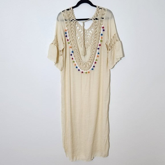 Cream Crochet Beach Cover-up with Backless Style and Colorful Pom Poms One Size
