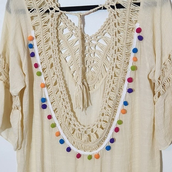 Cream Crochet Beach Cover-up with Backless Style and Colorful Pom Poms One Size