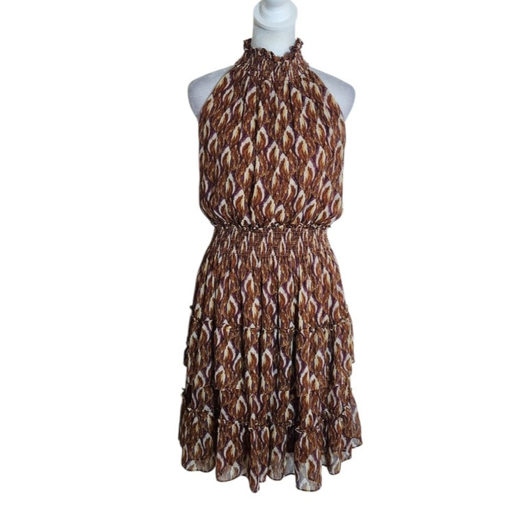 Taylor Brown and Purple Print Tiered Ruffle Mini Dress Sleeveless Size 6