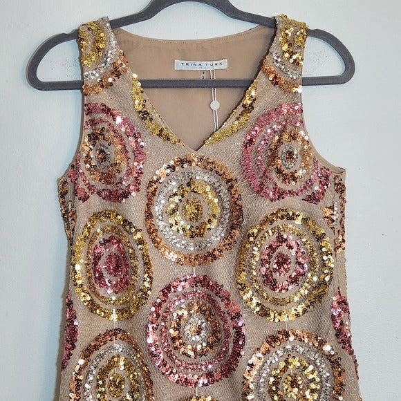 Trina Turk Pink and Gold Glitterati Sequin Mini Cocktail Dress Size 0 NWT