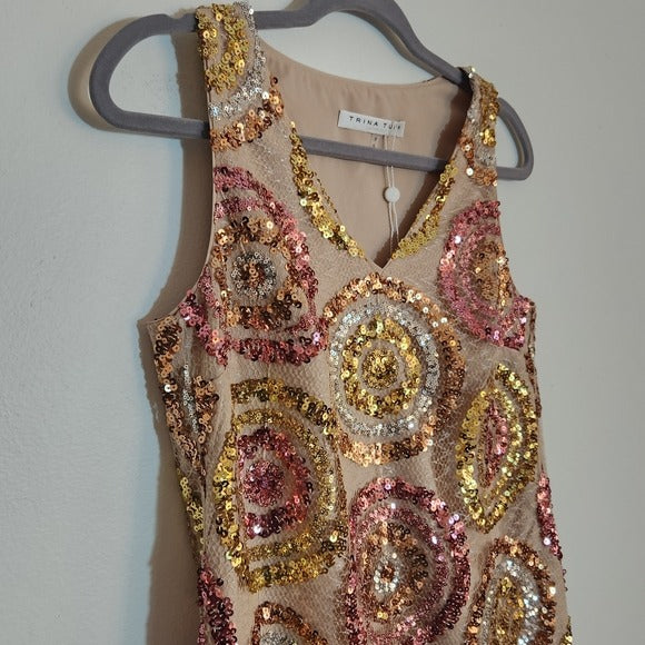 Trina Turk Pink and Gold Glitterati Sequin Mini Cocktail Dress Size 0 NWT