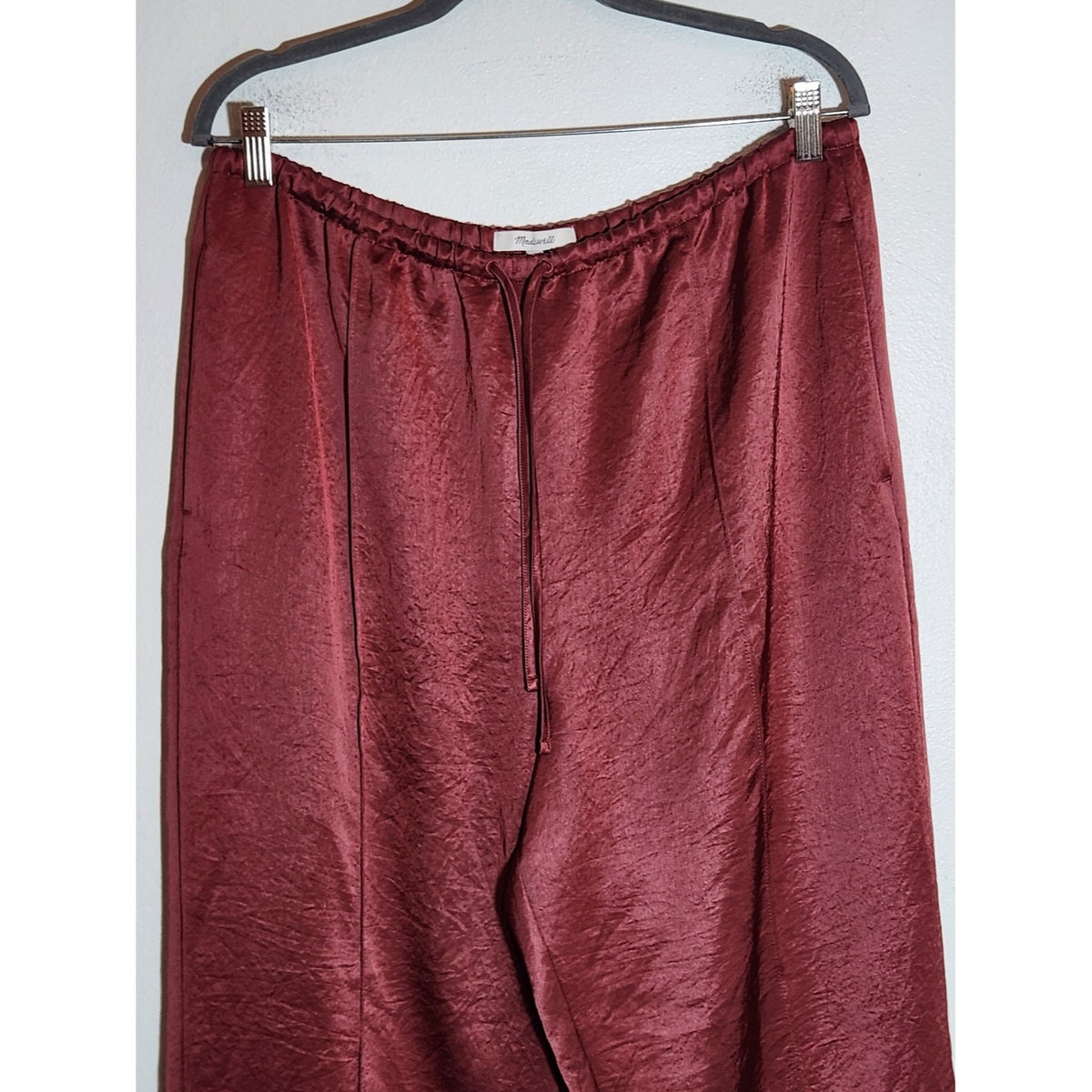 Madewell Burgundy Crinkle Satin Pull-On Drawstring Pants Size Large NWT