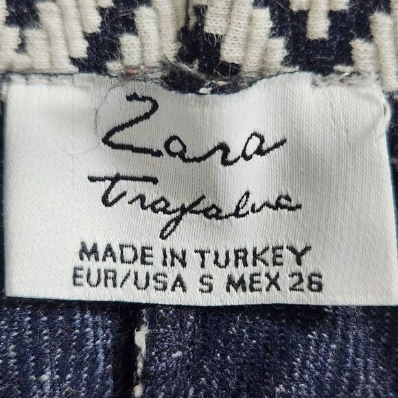 Zara Navy and White Geometric Print Stretch Pencil Bodycon Skirt Size Small