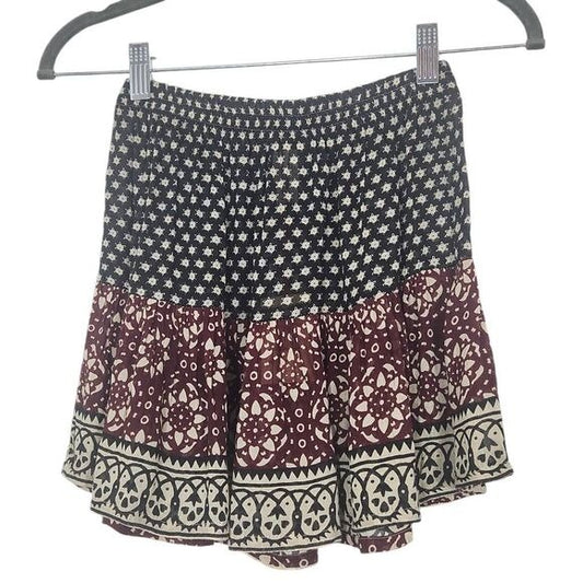 Raga Black and Oxblood Flirty Boho Mini Skirt Size XS Boho Print Full Skirt, New