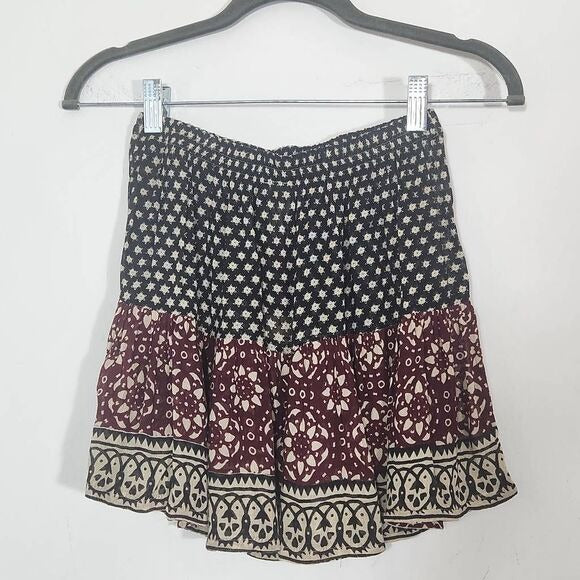 Raga Black and Oxblood Flirty Boho Mini Skirt Size XS Boho Print Full Skirt, New