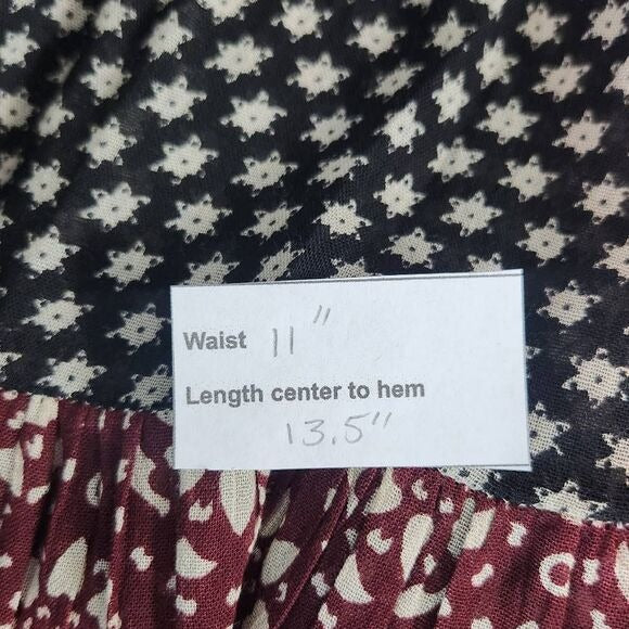 Raga Black and Oxblood Flirty Boho Mini Skirt Size XS Boho Print Full Skirt, New