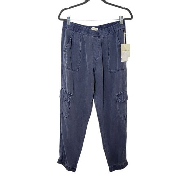 Cynthia Rowley Blue Linen Blend Cargo Jogger Pants NWT Size Large Cargo Joggers