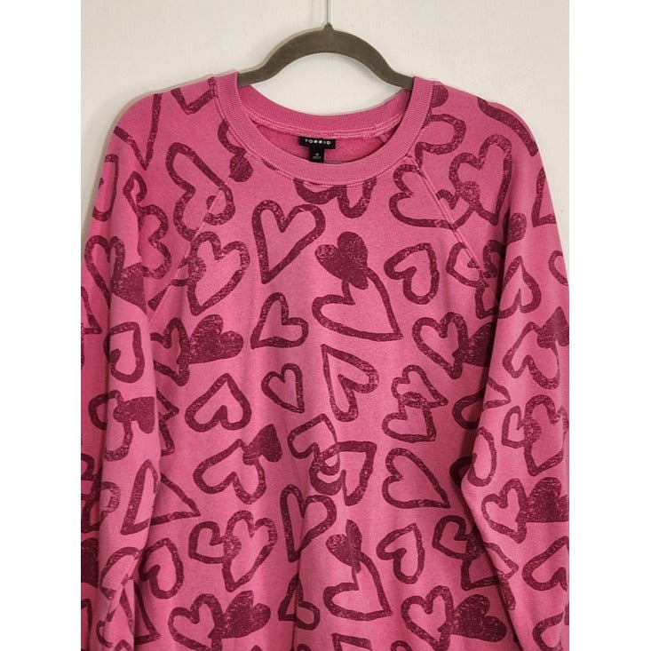 Torrid Pink Heart Print Crew Neck Sweatshirt Size 0 Large
