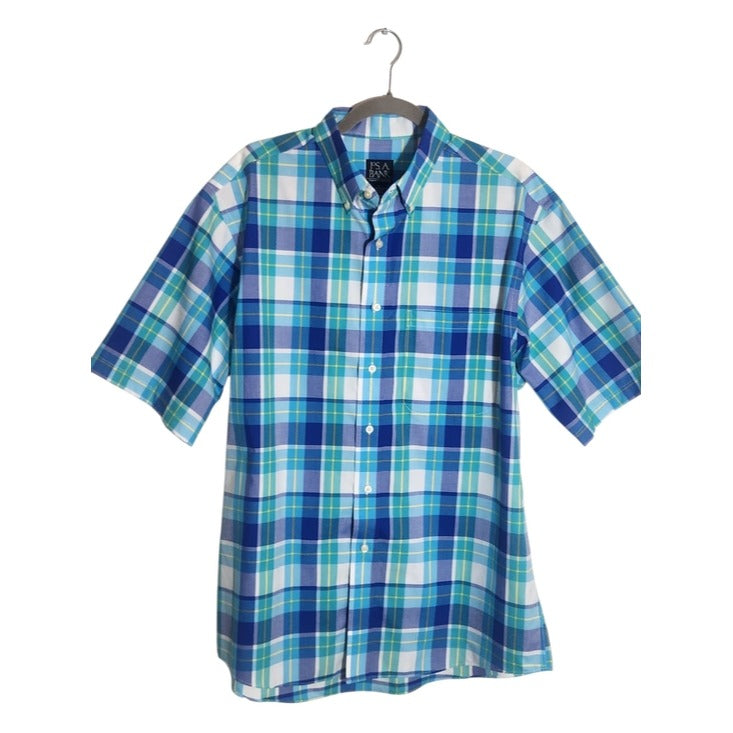 Jos. A. Bank Blue Plaid Short Sleeve Button Down Shirt Size Large