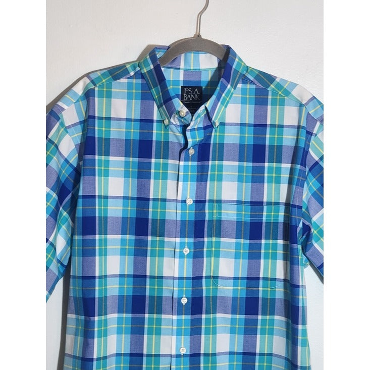Jos. A. Bank Blue Plaid Short Sleeve Button Down Shirt Size Large