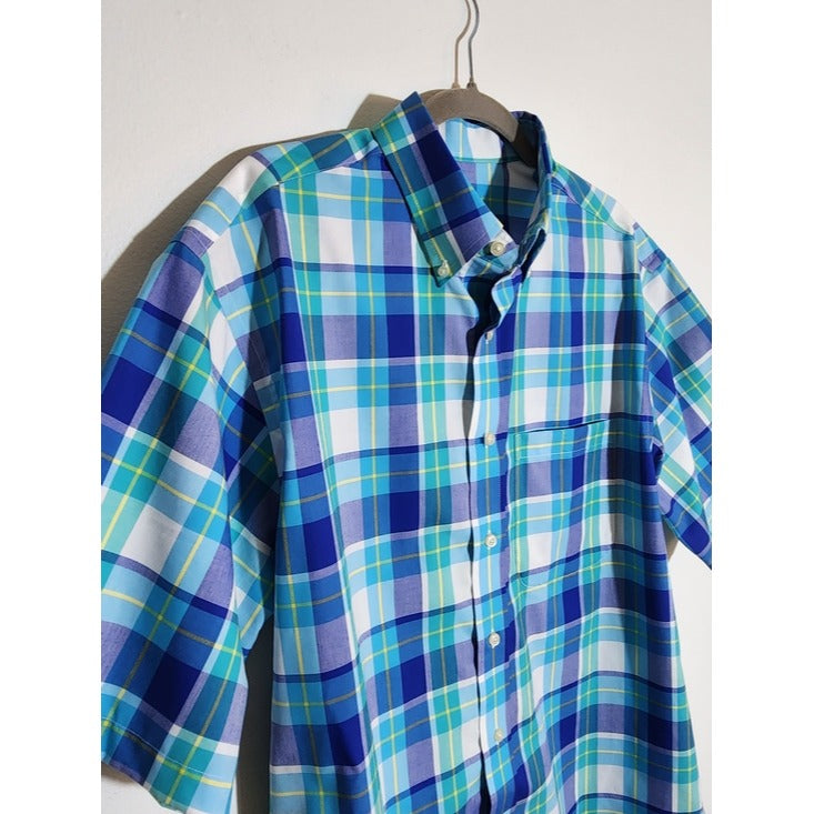 Jos. A. Bank Blue Plaid Short Sleeve Button Down Shirt Size Large