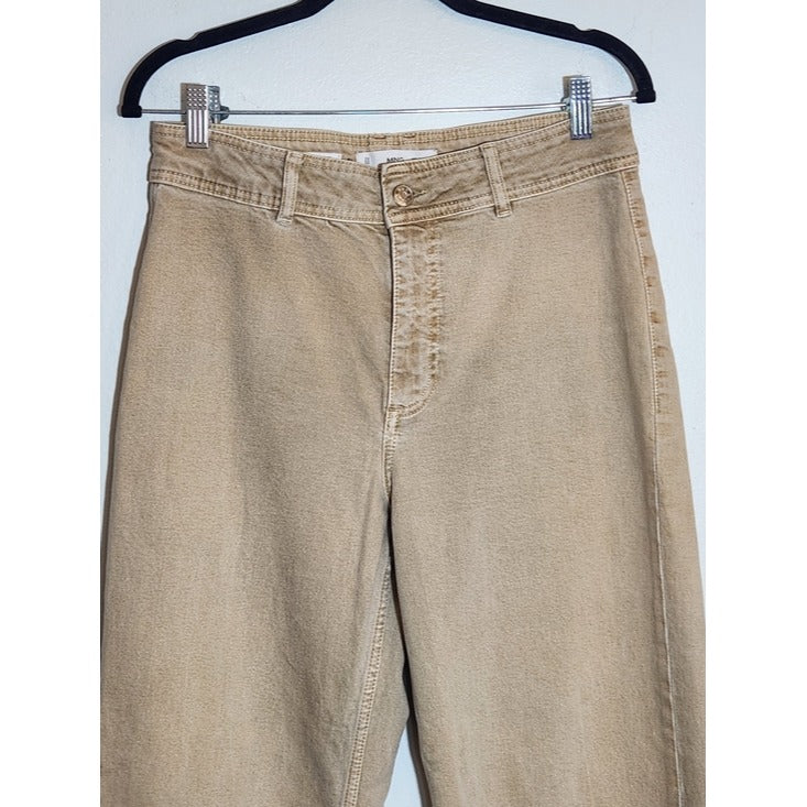 MNG Catherine Distressed Tan Wide Leg Jeans with Cut-Off Hem Size 8