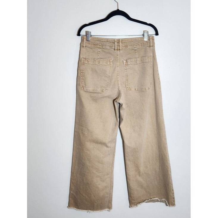 MNG Catherine Distressed Tan Wide Leg Jeans with Cut-Off Hem Size 8