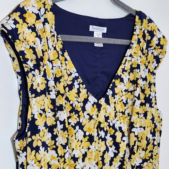 NorthStyle Yellow and Navy Floral Sleeveless Dress Size 18W Wedding Guest Dress