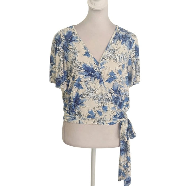 Peach Blue and White Floral Wrap Look Side Tie Top Size Small NWT