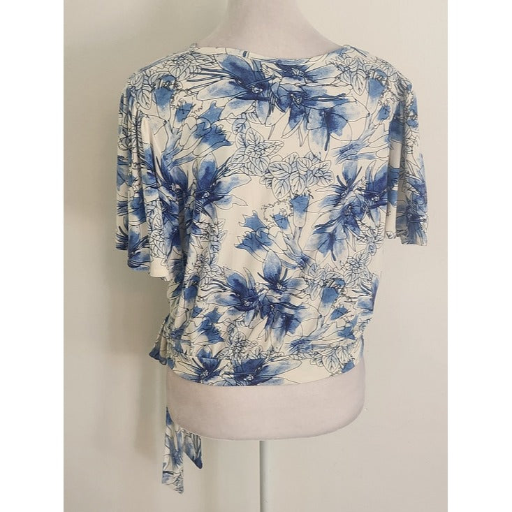 Peach Blue and White Floral Wrap Look Side Tie Top Size Small NWT