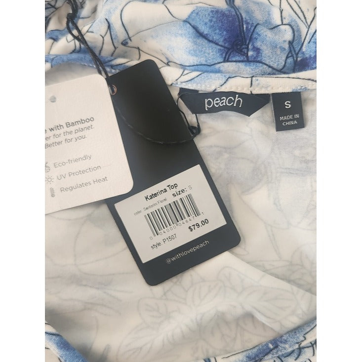 Peach Blue and White Floral Wrap Look Side Tie Top Size Small NWT