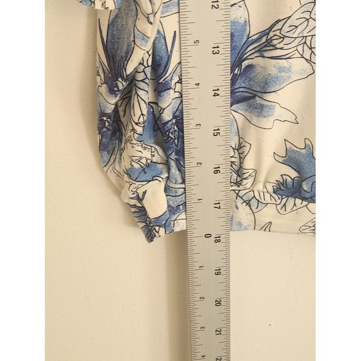 Peach Blue and White Floral Wrap Look Side Tie Top Size Small NWT