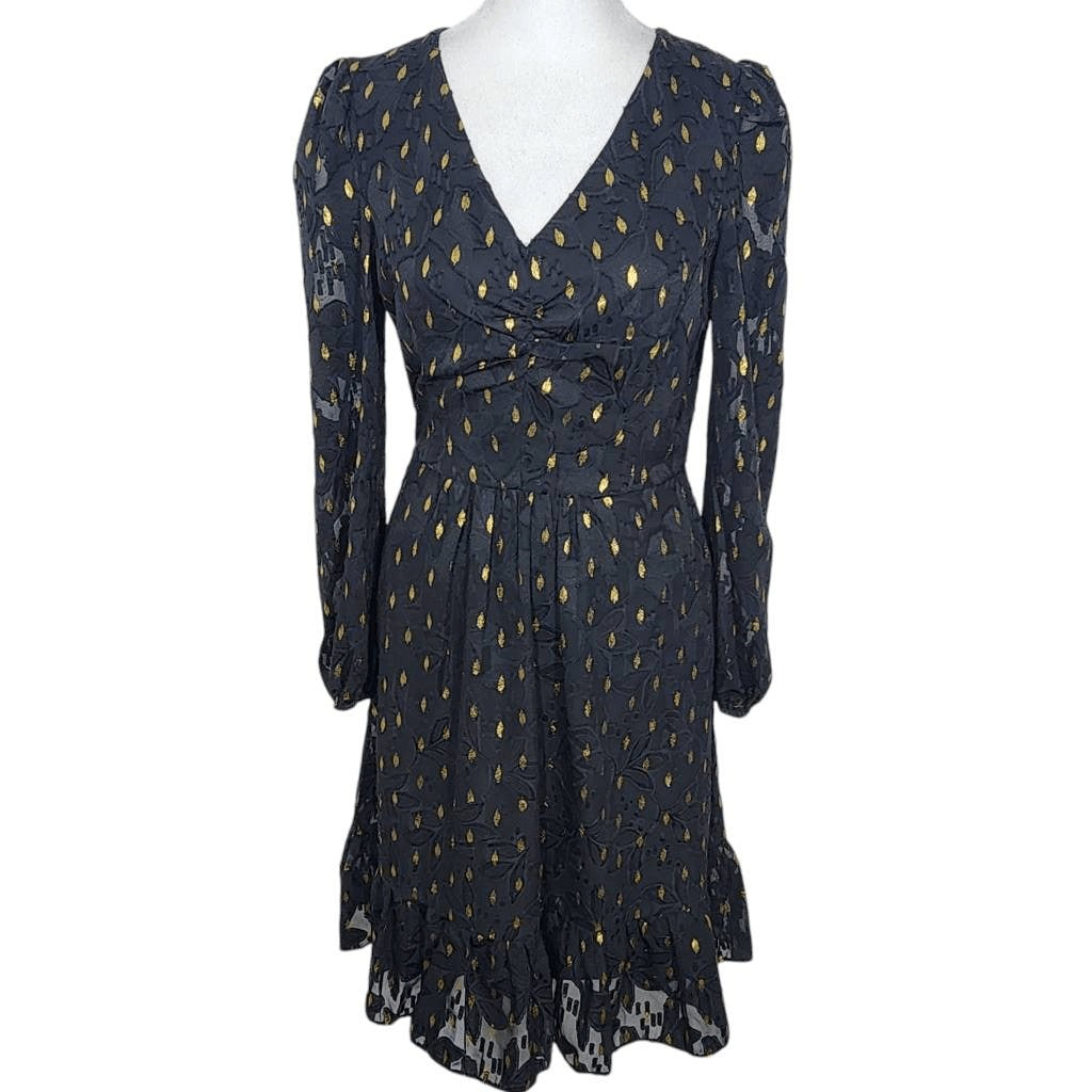 Maggy London Black and Gold Chiffon Dress NWT Size 0 Long Sleeve Metallic Gold