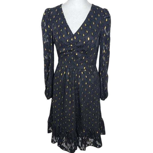 Maggy London Black and Gold Chiffon Dress NWT Size 0 Long Sleeve Metallic Gold