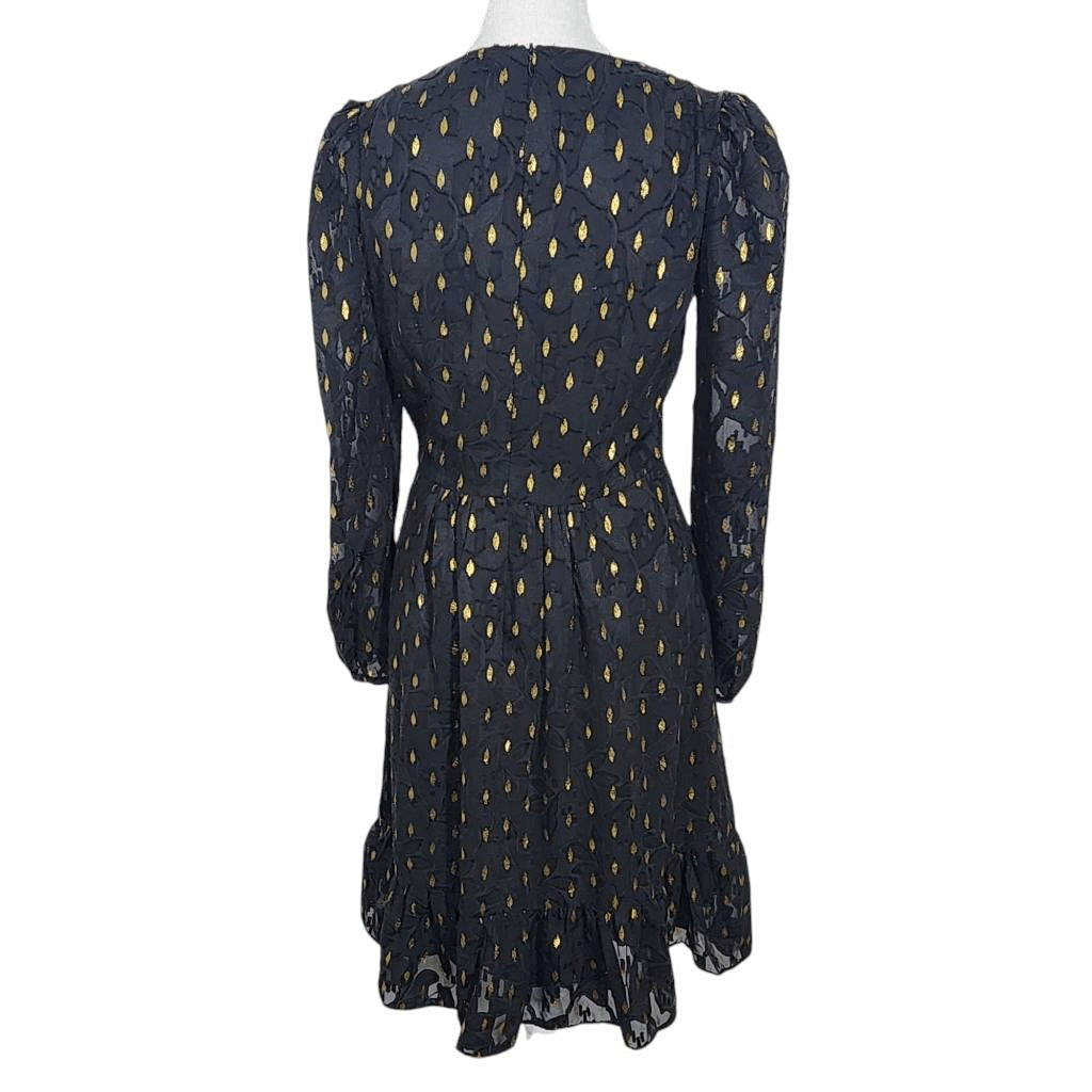 Maggy London Black and Gold Chiffon Dress NWT Size 0 Long Sleeve Metallic Gold