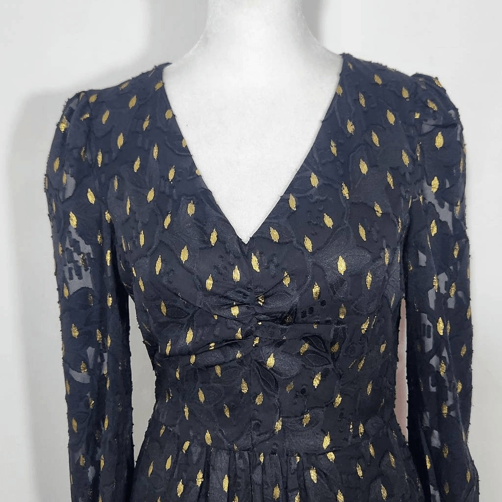 Maggy London Black and Gold Chiffon Dress NWT Size 0 Long Sleeve Metallic Gold