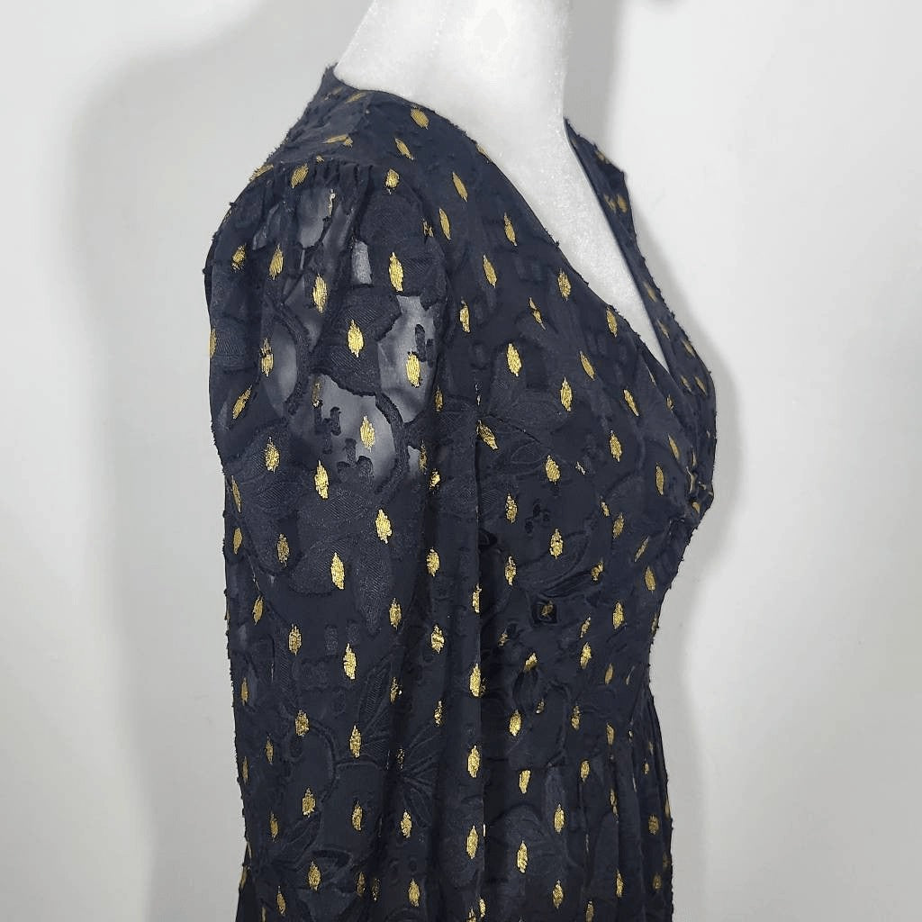 Maggy London Black and Gold Chiffon Dress NWT Size 0 Long Sleeve Metallic Gold