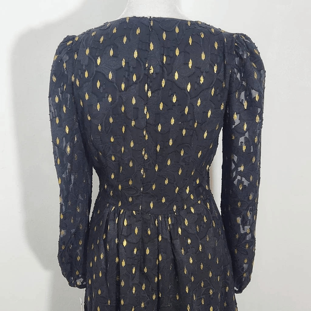 Maggy London Black and Gold Chiffon Dress NWT Size 0 Long Sleeve Metallic Gold